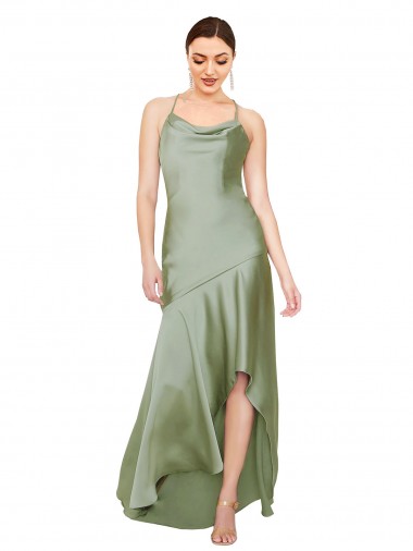Discount Silky Satin A-Line Long Sleeveless Criss Cross Open Back High Low Formal Dress