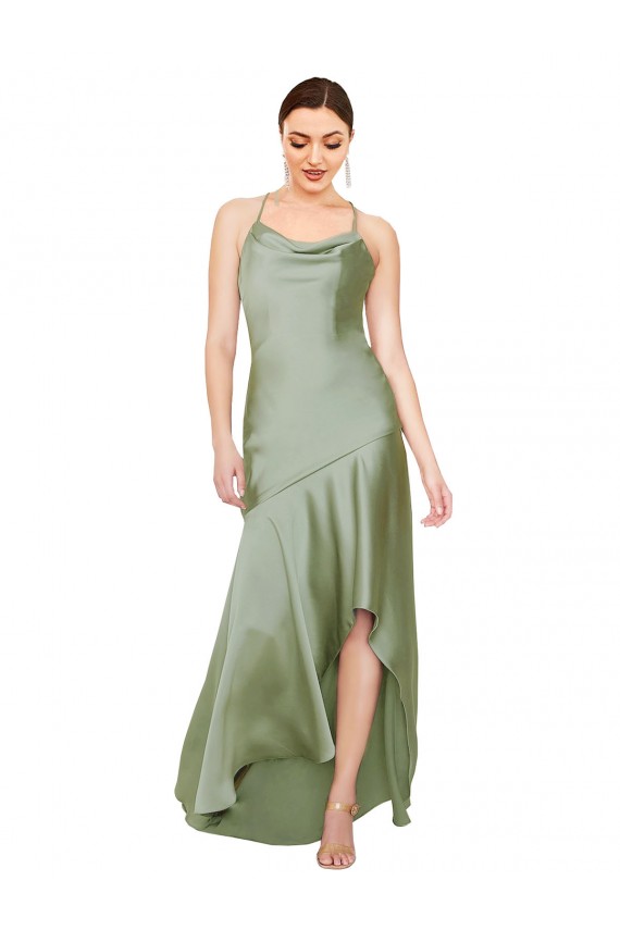 Discount Silky Satin A-Line Long Sleeveless Criss Cross Open Back High Low Formal Dress