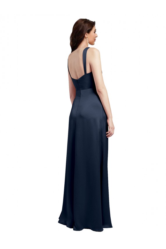 Discount Stretch Satin A-Line Long Sleeveless Low Back Side Slit Formal Dress