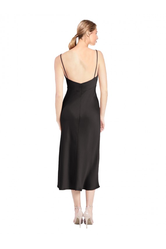 Discount Stretch Satin A-Line Midi Length Sleeveless Low Back Black Formal Dress
