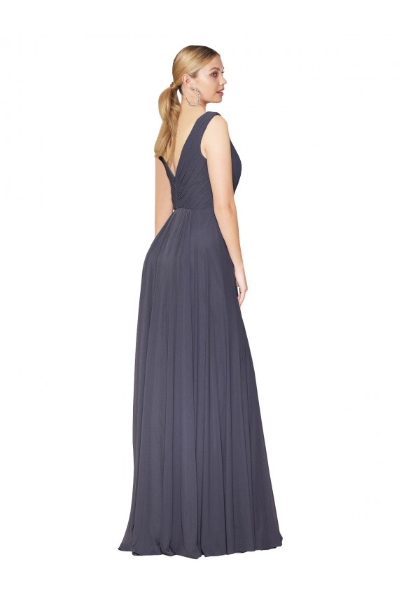 Discount Chiffon A-Line Long Sleeveless V-Back Dusty Blue Formal Dress