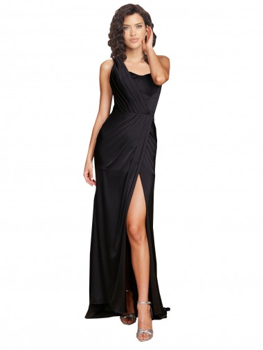 Discount Silky Satin A-Line Long Sleeveless High Slit Formal Dress