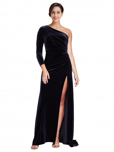 Discount Stretch Velvet A-Line Sweep Train Long Sleeves Formal Dress