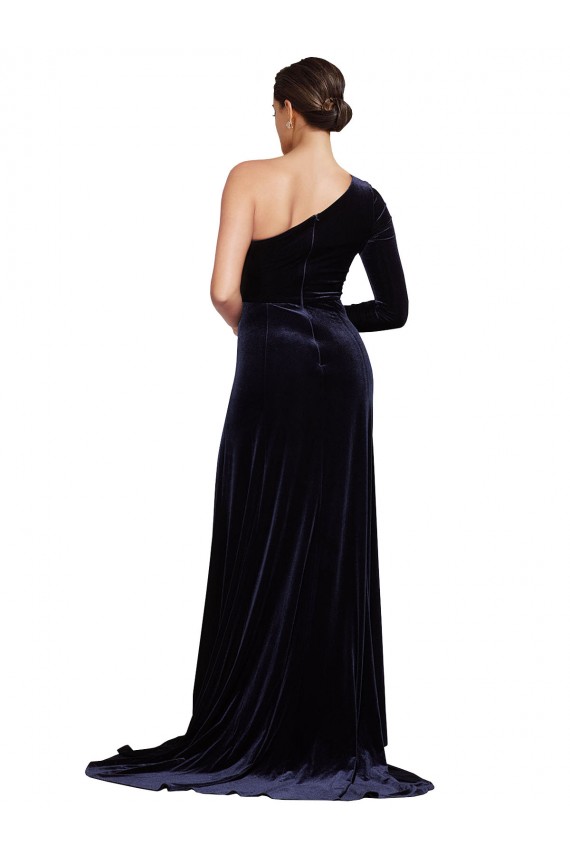 Discount Stretch Velvet A-Line Sweep Train Long Sleeves Formal Dress