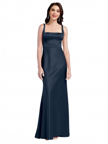 Discount Stretch Satin A-Line Long Sleeveless Low Back Dark Navy Formal Dress