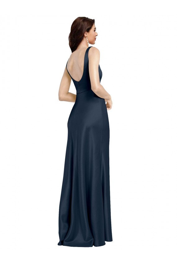 Discount Stretch Satin A-Line Long Sleeveless Low Back Dark Navy Formal Dress