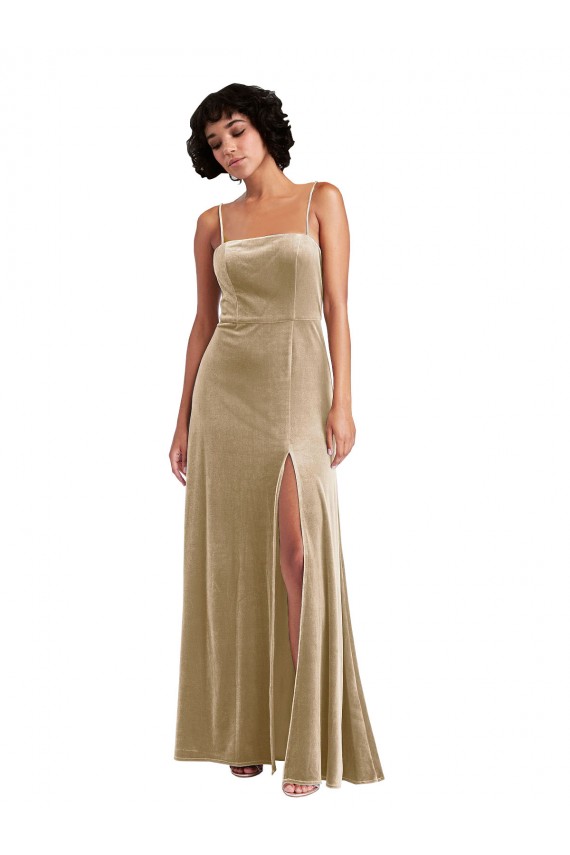 Discount Stretch Velvet A-Line Long Sleeveless Low Back Front Slit Formal Dress