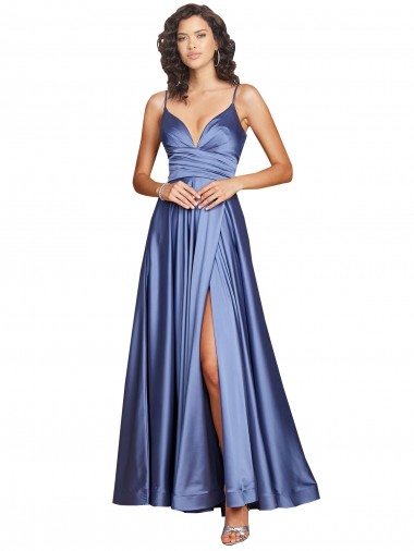 Discount Silky Satin A-Line Long Sleeveless Low Back High Slit Formal Dress