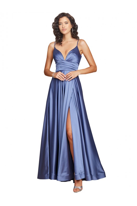 Discount Silky Satin A-Line Long Sleeveless Low Back High Slit Formal Dress