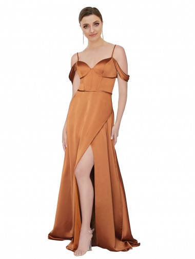 Discount Silky Satin A-Line Long Cold Shoulder Low Back Formal Dress