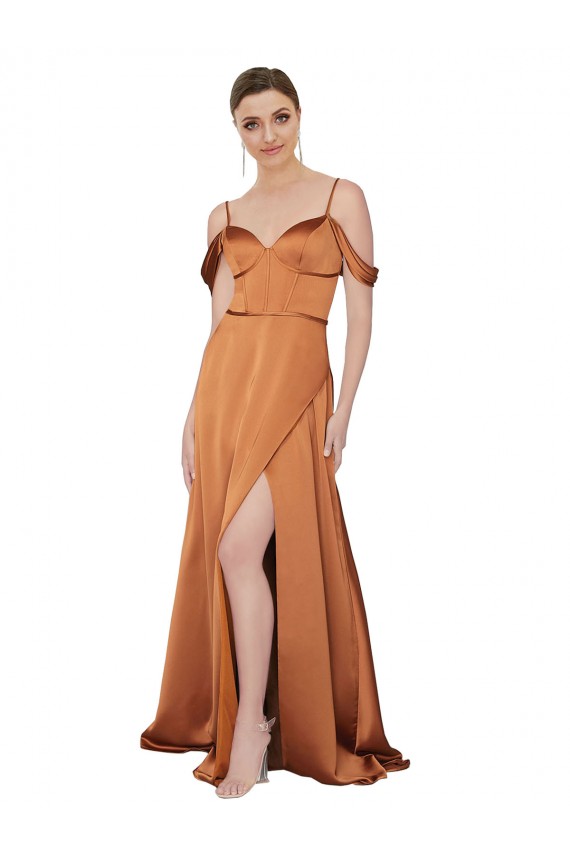 Discount Silky Satin A-Line Long Cold Shoulder Low Back Formal Dress