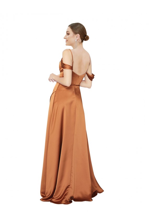 Discount Silky Satin A-Line Long Cold Shoulder Low Back Formal Dress