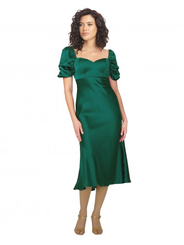 Discount Silky Satin A-Line Midi Length Short Sleeves Low Back Formal Dress
