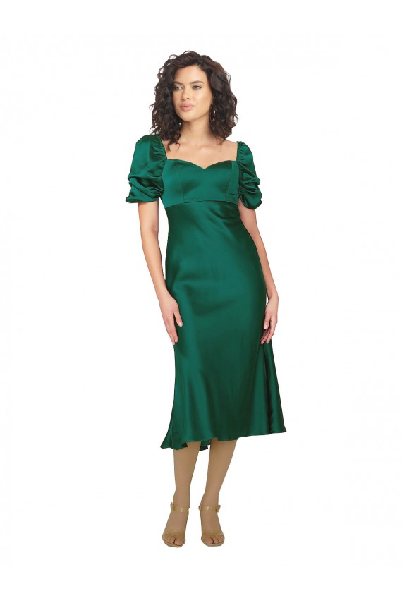 Discount Silky Satin A-Line Midi Length Short Sleeves Low Back Formal Dress