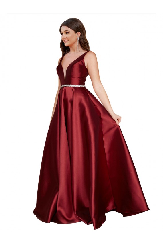 Discount Satin A-Line Long Sleeveless V-Back Formal Plus Size Formal Dress