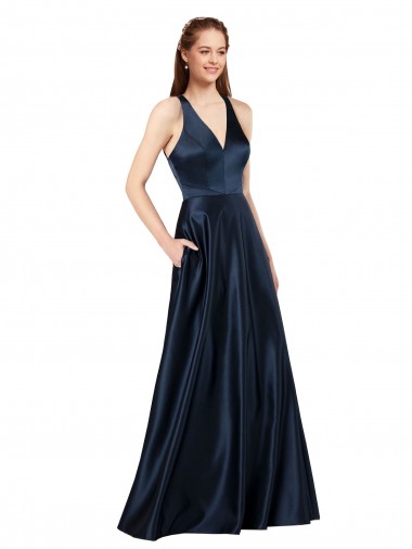 Discount Satin A-Line Long Sleeveless Keyhole Back Formal Dress