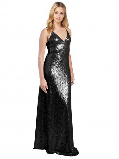 Discount Sequin A-Line Long Sleeveless V-Back Formal Dress