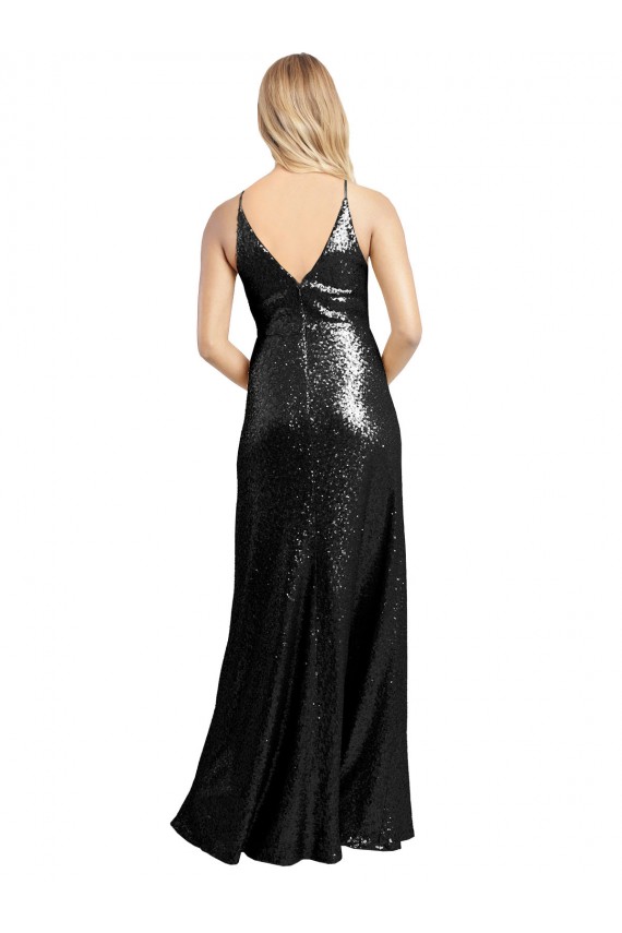 Discount Sequin A-Line Long Sleeveless V-Back Formal Dress