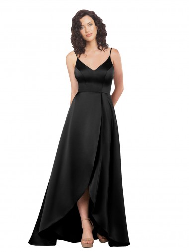 Discount Silky Satin A-Line Sleeveless Black High Low Formal Dress