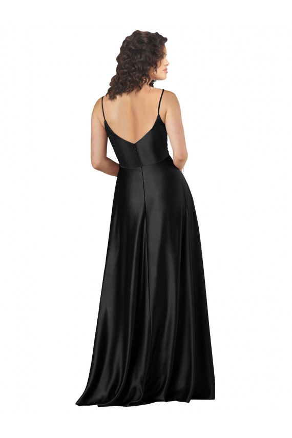 Discount Silky Satin A-Line Long Sleeveless V-Neck Low Back Formal Dress