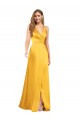 Discount Silky Satin A-Line Long Sleeveless Open Back Front Slit Formal Dresses
