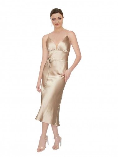 Discount Silky Satin A-Line Midi Length Sleeveless Formal Dress