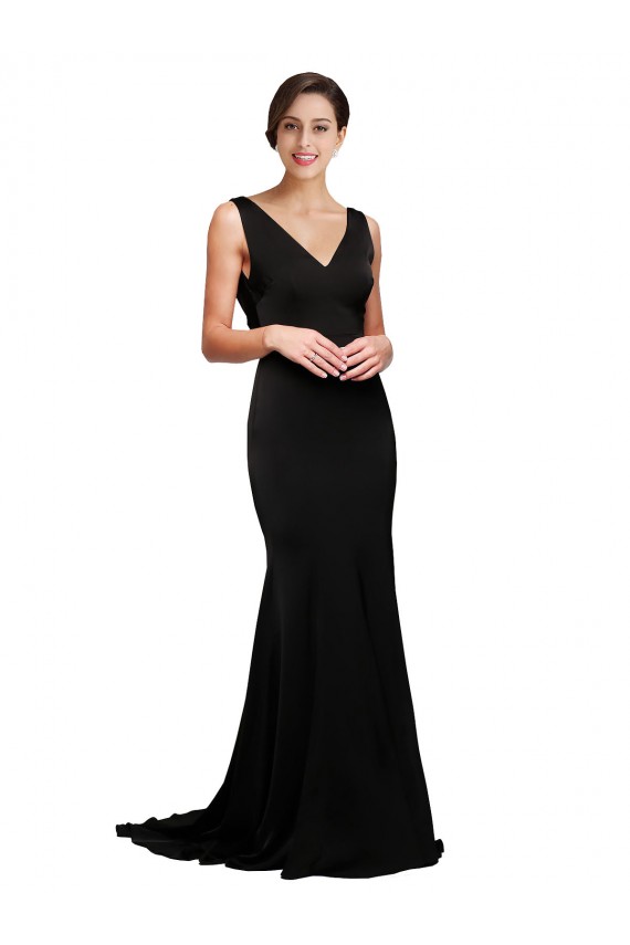 Discount Silky Satin A-Line Sweep Train Sleeveless Low Back Black Formal Dress