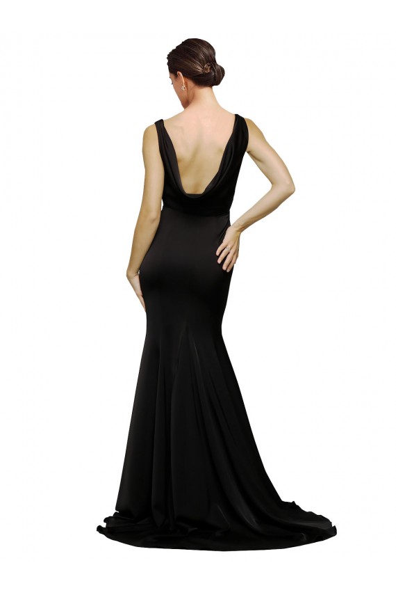 Discount Silky Satin A-Line Sweep Train Sleeveless Low Back Black Formal Dress