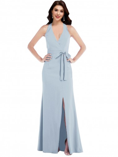 Discount Stretch Crepe A-Line Long Sleeveless Halter Neck Open Back Formal Dress
