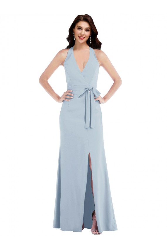 Discount Stretch Crepe A-Line Long Sleeveless Halter Neck Open Back Formal Dress