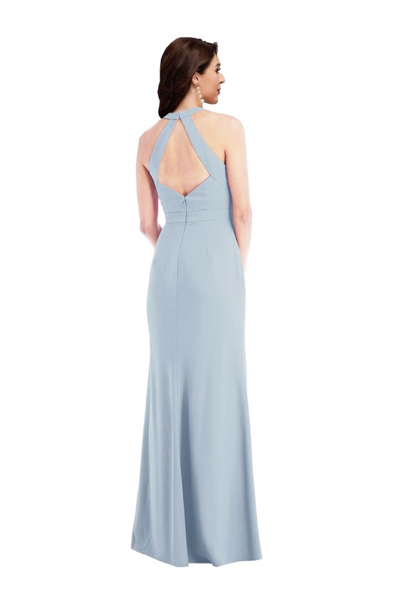 Discount Stretch Crepe A-Line Long Sleeveless Halter Neck Open Back Formal Dress