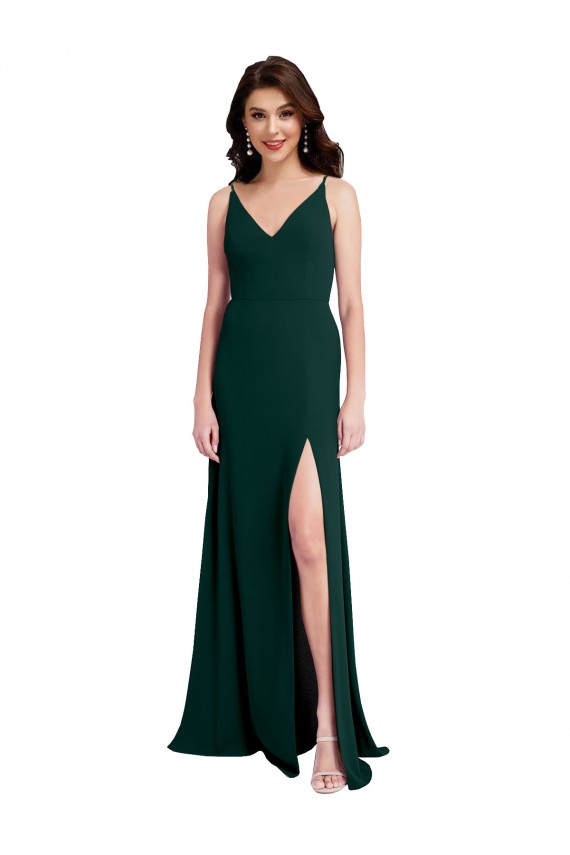 Discount Stretch Crepe A-Line Long Sleeveless V-Back Side Slit Formal Dress