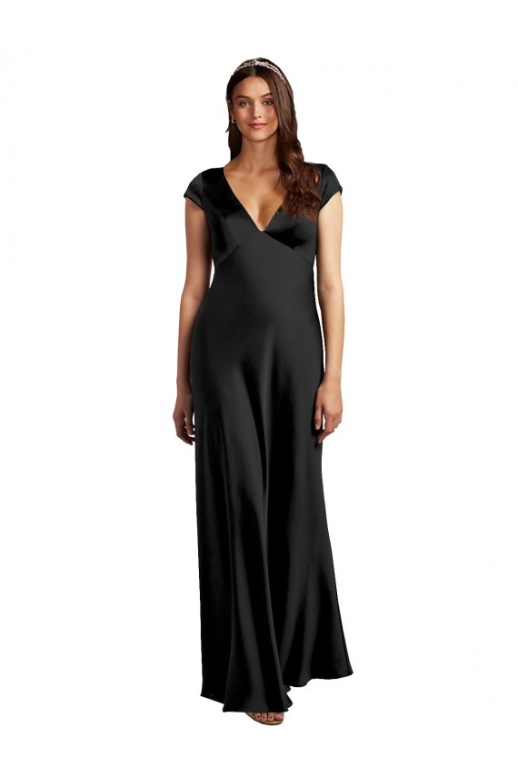 Discount Stretch Satin A-Line Long Cap Sleeves Keyhole Back Formal Dress