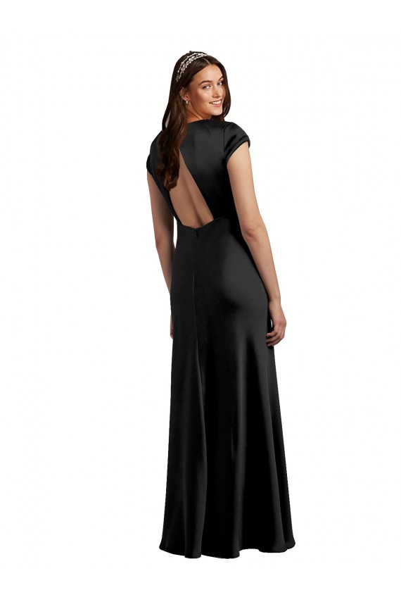 Discount Stretch Satin A-Line Long Cap Sleeves Keyhole Back Formal Dress