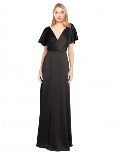 Discount Stretch Satin A-Line Long Cap Sleeves Open Back Formal Dress