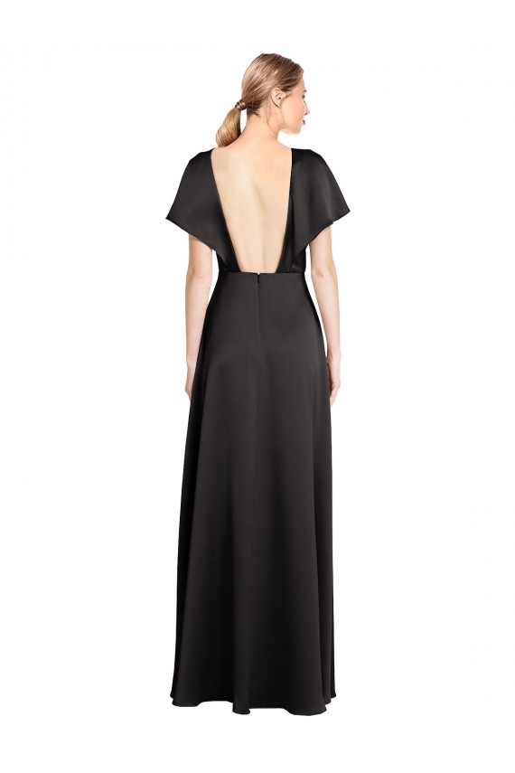 Discount Stretch Satin A-Line Long Cap Sleeves Open Back Formal Dress