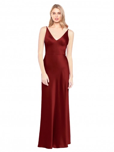Discount Stretch Satin A-Line Long Sleeveless V-Back Burgundy Formal Dress