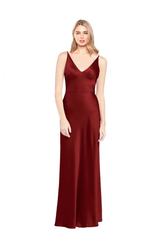 Discount Stretch Satin A-Line Long Sleeveless V-Back Burgundy Formal Dress
