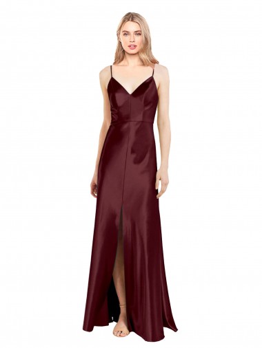 Discount Stretch Satin A-Line Long Sleeveless Center Front Slit Formal Dress