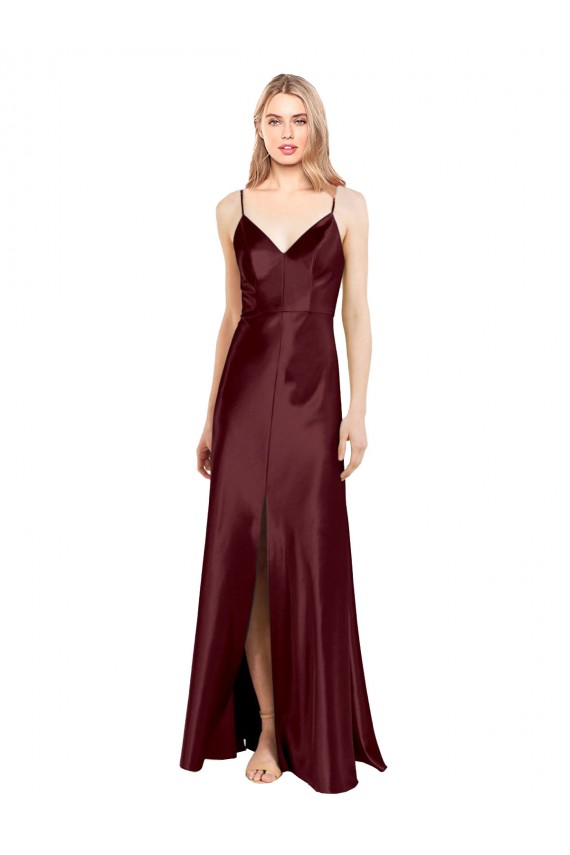 Discount Stretch Satin A-Line Long Sleeveless Center Front Slit Formal Dress