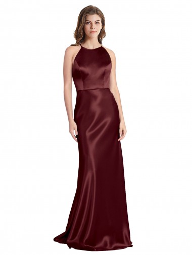 Discount Stretch Satin A-Line Long Sleeveless Burgundy Gold Formal Dress