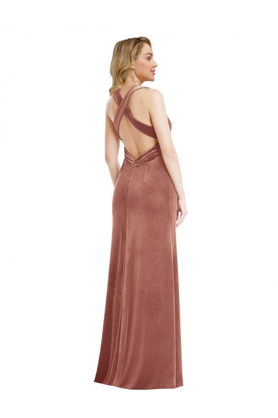 Discount Stretch Velvet A-Line Long Sleeveless Criss Cross Open Back Formal Dress