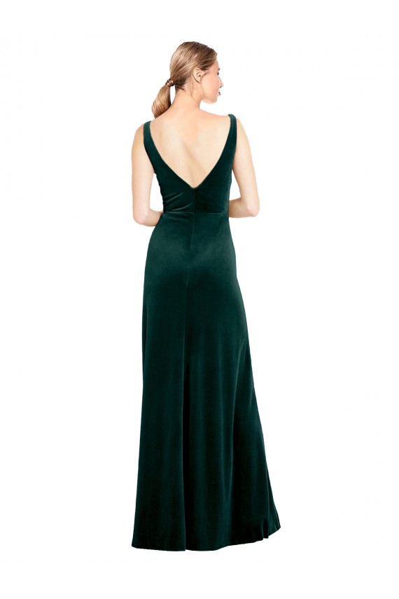 Discount Stretch Velvet A-Line Long Sleeveless V-Back Black Tie Formal Dress