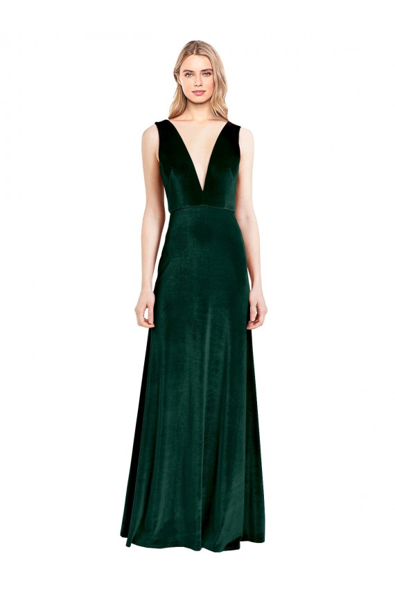 Discount Stretch Velvet A-Line Long Sleeveless V-Back Formal Dress