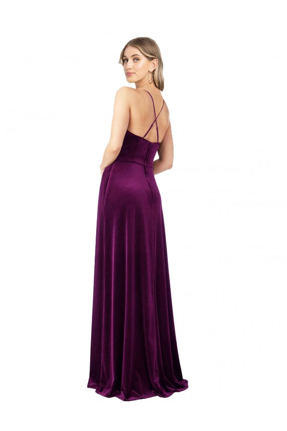 Discount Stretch Velvet A-Line Long Sleeveless Criss Cross Back Formal Dress