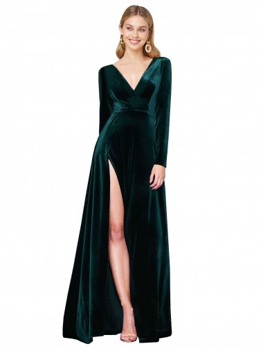 Discount Stretch Velvet A-Line Sweep Train Long Sleeves Black Tie Formal Dress