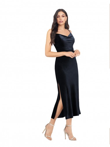 Discount Stretch Velvet Column Midi Length Sleeveless Low Back Formal Dress