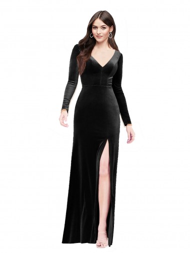 Discount Stretch Velvet Column Long Long Sleeves V-Back Formal Dress