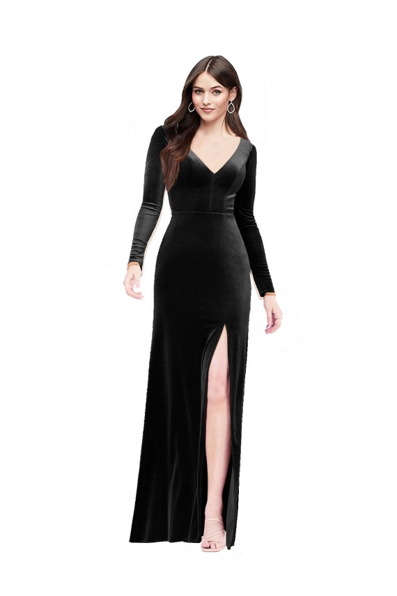 Discount Stretch Velvet Column Long Long Sleeves V-Back Formal Dress