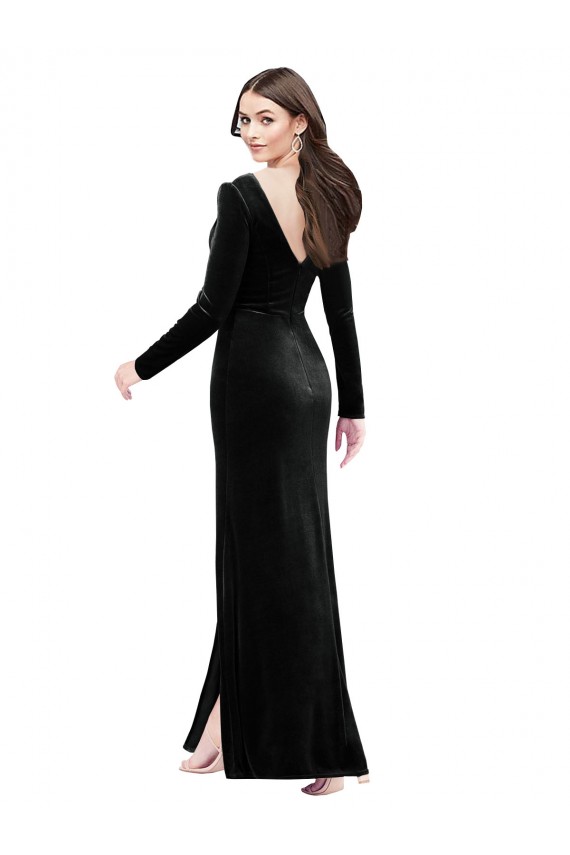 Discount Stretch Velvet Column Long Long Sleeves V-Back Formal Dress